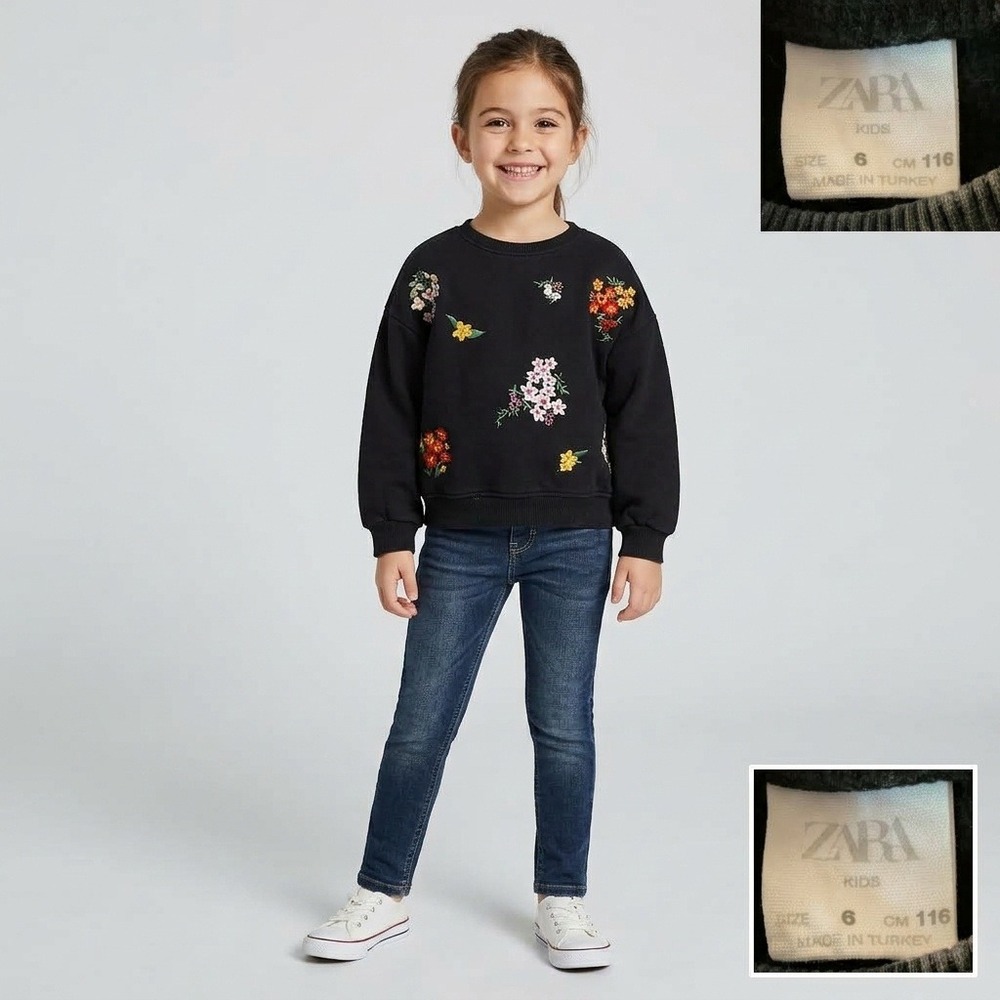 Zara Kids Floral Embroidered Sweatshirt Girls 6 Black Excellent Pullover Crew